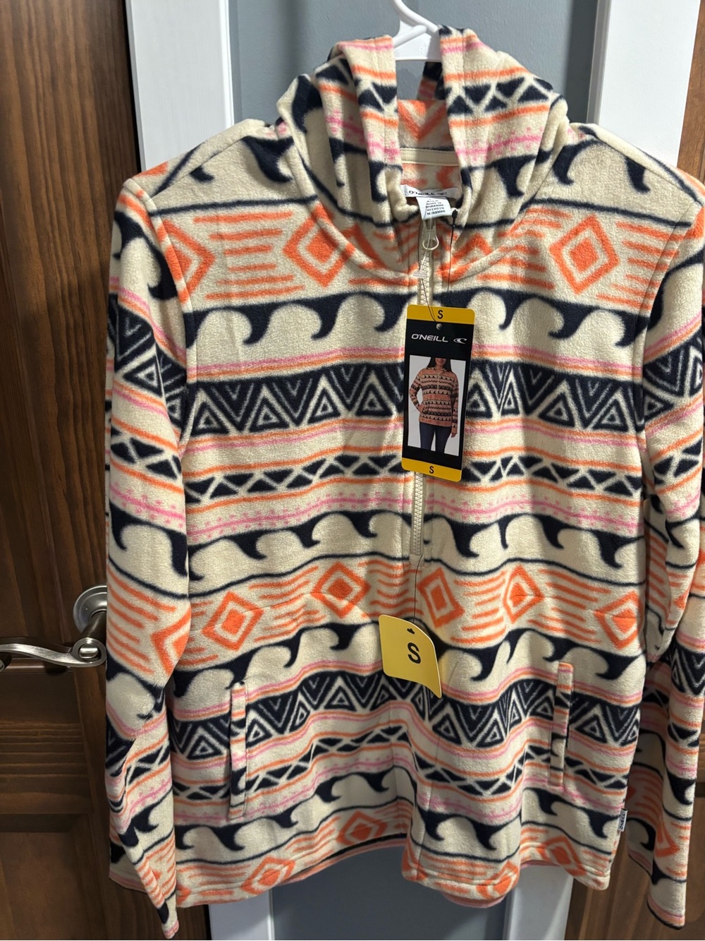 O'Neill Cream & Orange Patterned Half-Zip Fleece Sweater - Women's S
